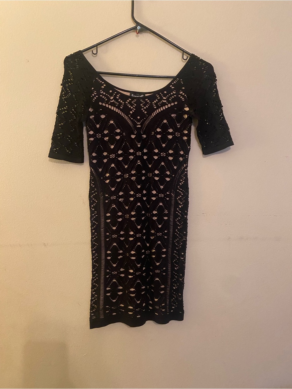 bebe Black Lace Midi Dress with Elbow Sleeves